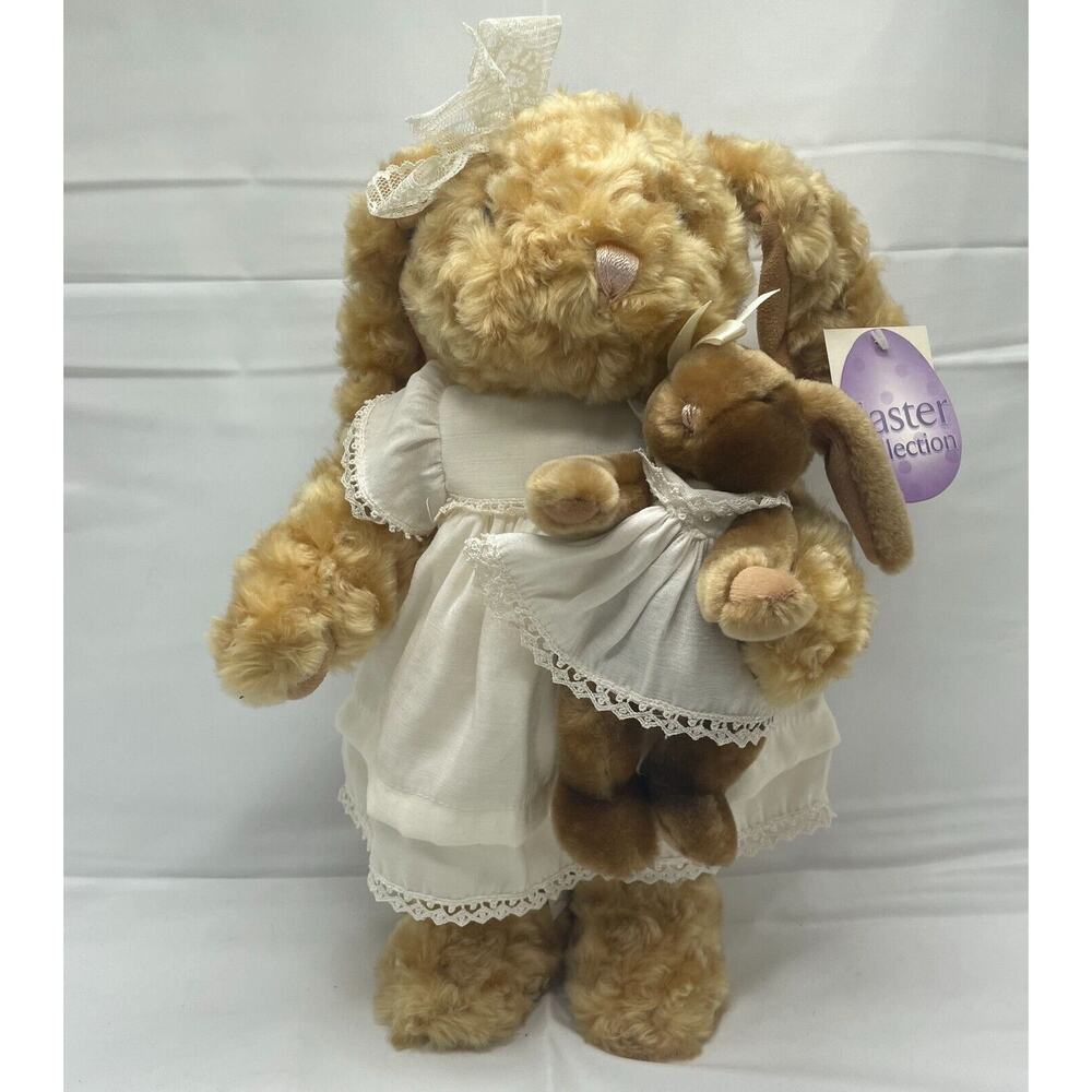 15" Rabbit w/ Baby Dan Dee Plush Stuffed Animal White Laced Nightgown Easter